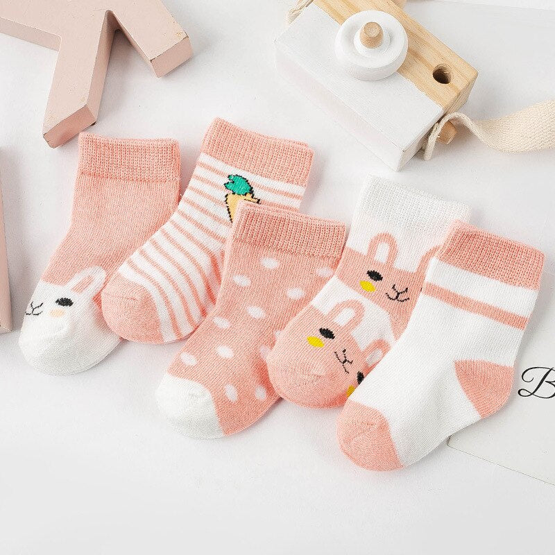 5 Pairs of Baby Socks – Soft Cotton with Fun Animal & Pattern Designs