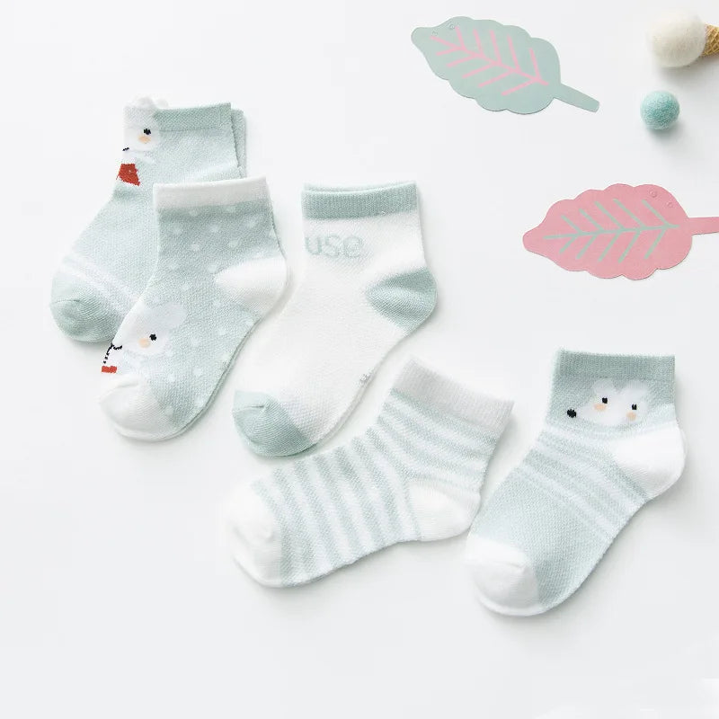 5 Pairs of Infant Cotton Baby Socks – Soft and Breathable with Cute Animal Designs (0-24 Months)