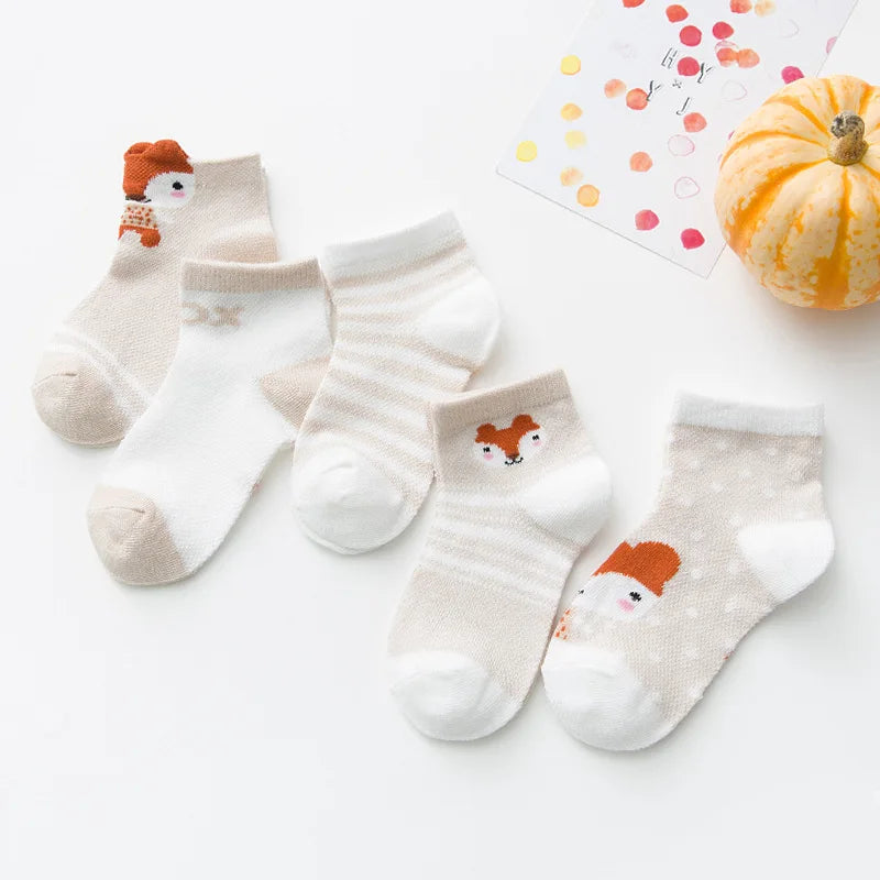 5 Pairs of Infant Cotton Baby Socks – Soft and Breathable with Cute Animal Designs (0-24 Months)