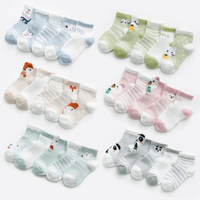 5 Pairs of Infant Cotton Baby Socks – Soft and Breathable with Cute Animal Designs (0-24 Months)