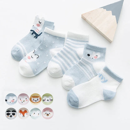 5 Pairs of Infant Cotton Baby Socks – Soft and Breathable with Cute Animal Designs (0-24 Months)