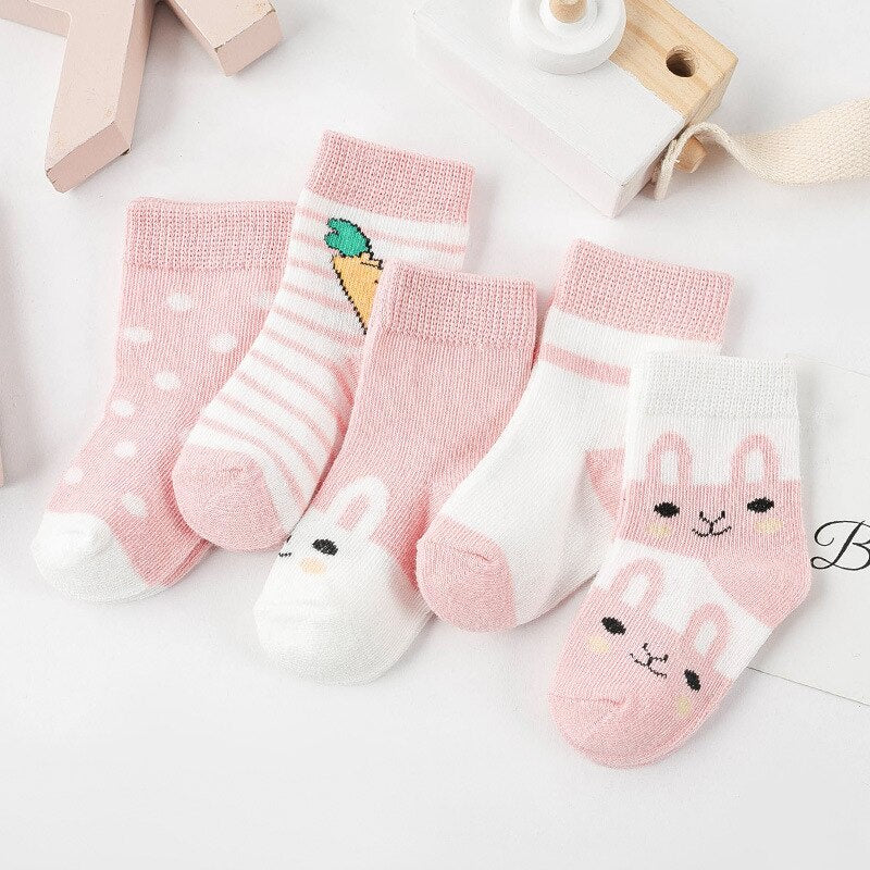 5 Pairs of Baby Socks – Soft Cotton with Fun Animal & Pattern Designs