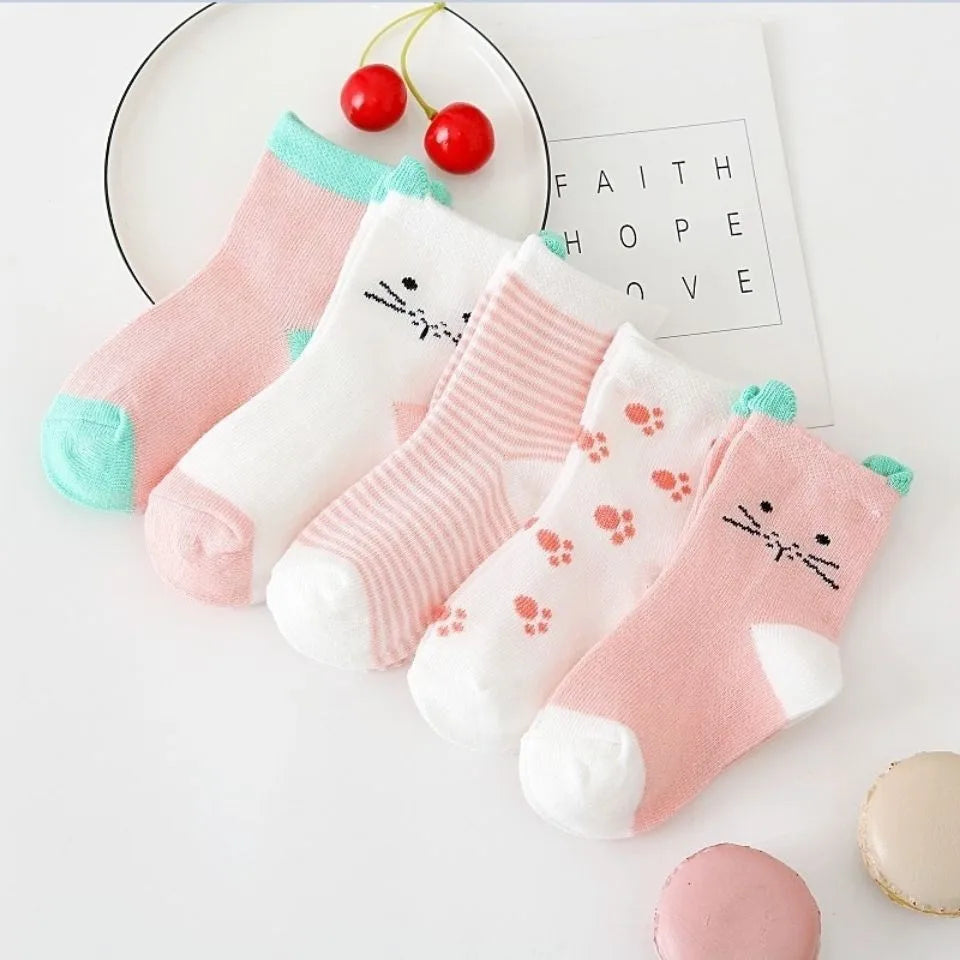 5 Pairs of Baby Socks – Soft Cotton with Fun Animal & Pattern Designs