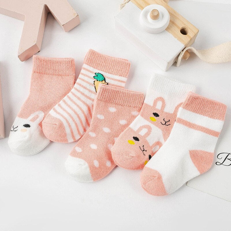 5 Pairs of Baby Socks – Soft Cotton with Fun Animal & Pattern Designs