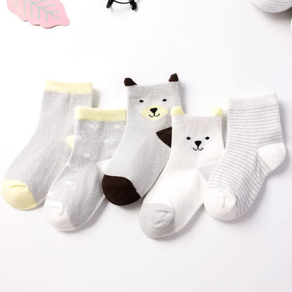 5 Pairs of Baby Socks – Soft Cotton with Fun Animal & Pattern Designs