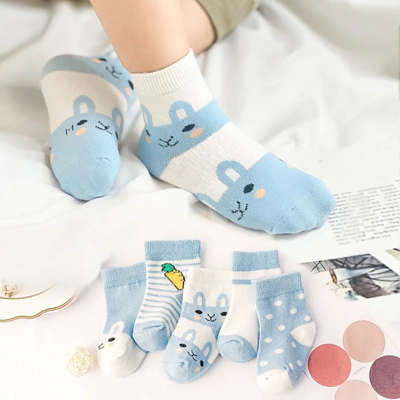 5 Pairs of Baby Socks – Soft Cotton with Fun Animal & Pattern Designs