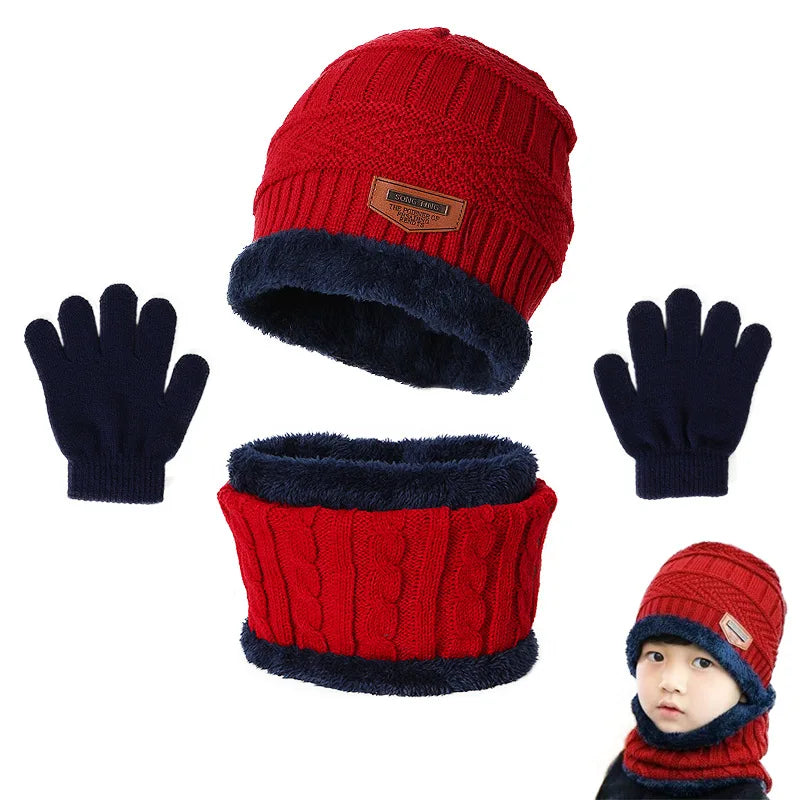 Children's Winter Hat, Scarf, and Gloves Set – Warm Plush Lined Knitted Accessories for Kids