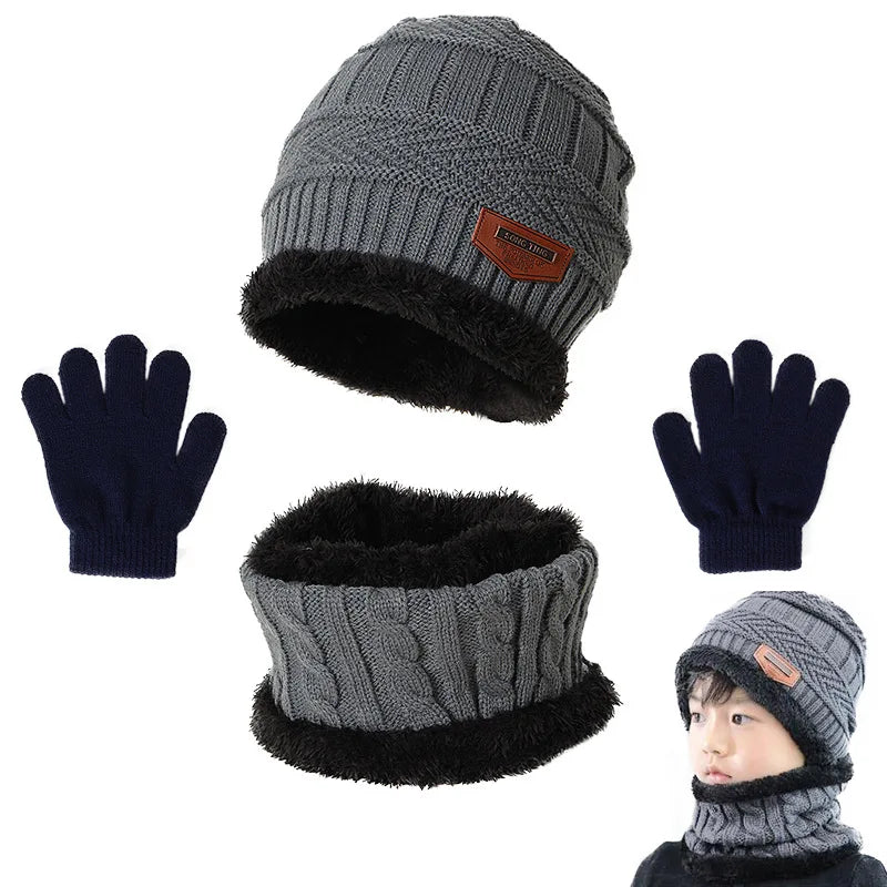 Children's Winter Hat, Scarf, and Gloves Set – Warm Plush Lined Knitted Accessories for Kids