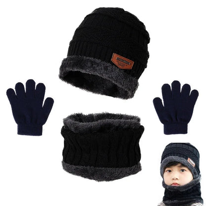 Children's Winter Hat, Scarf, and Gloves Set – Warm Plush Lined Knitted Accessories for Kids