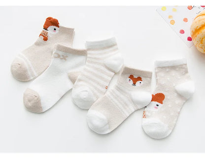 5 Pairs of Infant Cotton Baby Socks – Soft and Breathable with Cute Animal Designs (0-24 Months)