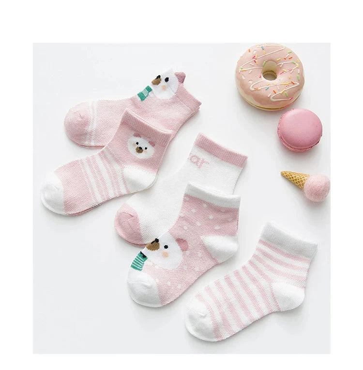 5 Pairs of Infant Cotton Baby Socks – Soft and Breathable with Cute Animal Designs (0-24 Months)