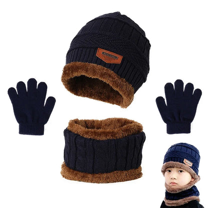 Children's Winter Hat, Scarf, and Gloves Set – Warm Plush Lined Knitted Accessories for Kids